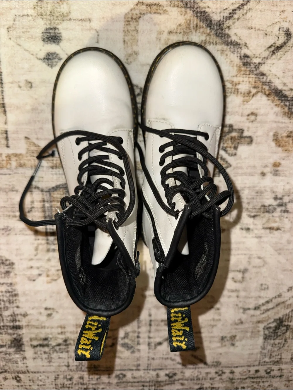 Dr. Martens Black and White Lace-Up Boots with Yellow Heel Loop